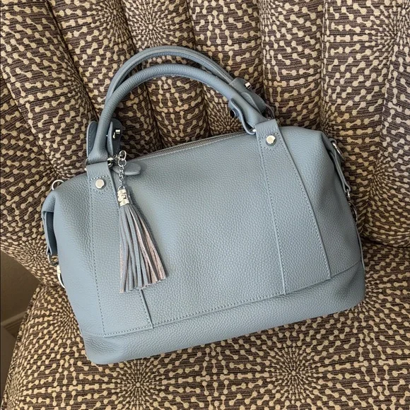 Heshe Light Blue Leather Satchel Bag with Detachable Adjustable Strap Like New - Picture 1 of 16